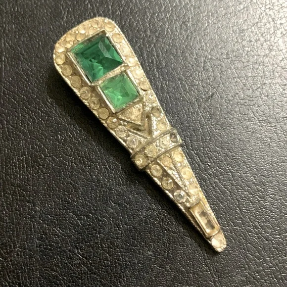 Antique Art Deco WMCA Dress clips green UV ACTIVE .. missing 2 stones - Picture 2 of 5
